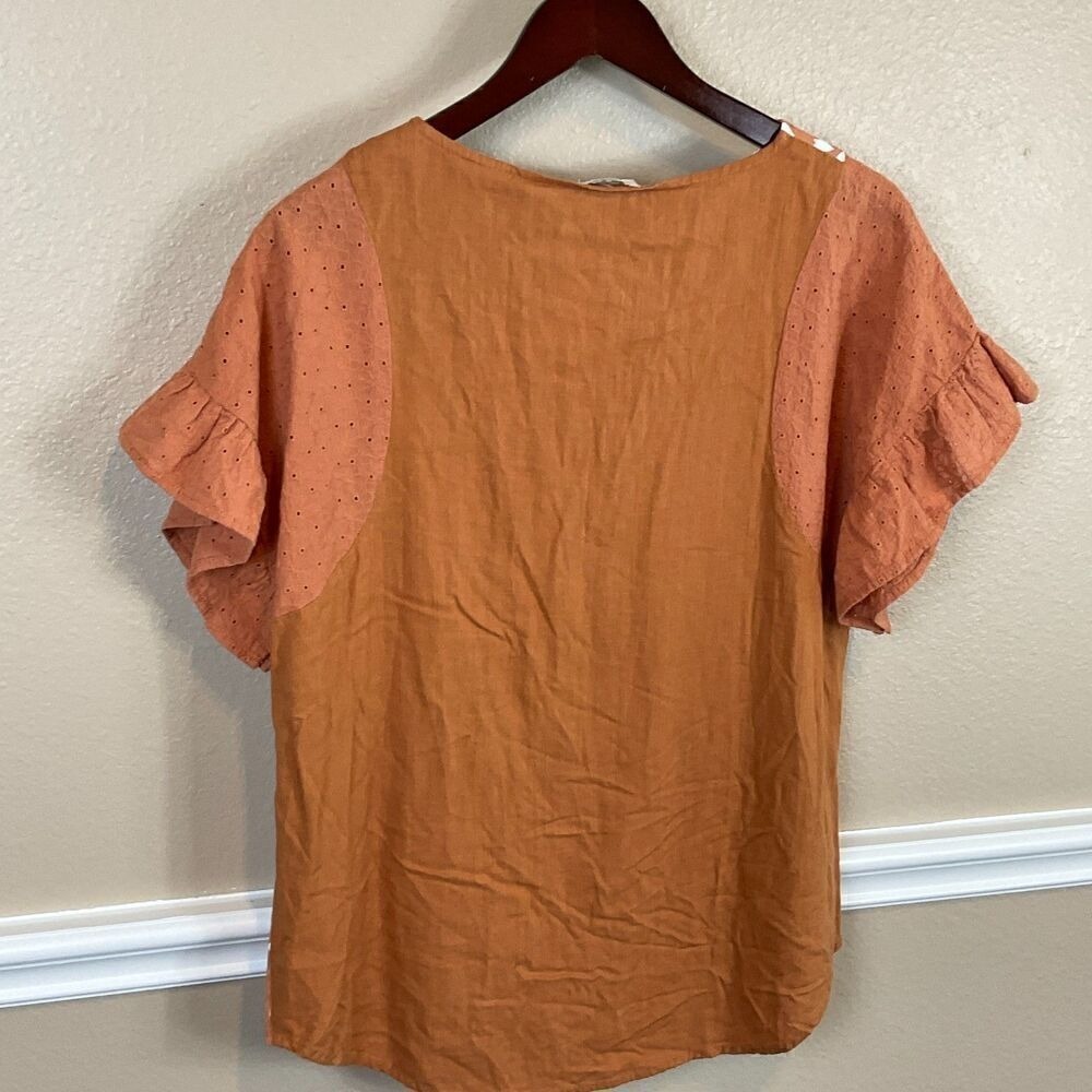 Umgee Linen Blend Top S Orange Flutter Sleeve Eyelet Mixed Media Animal Print R3 - Picture 7 of 12